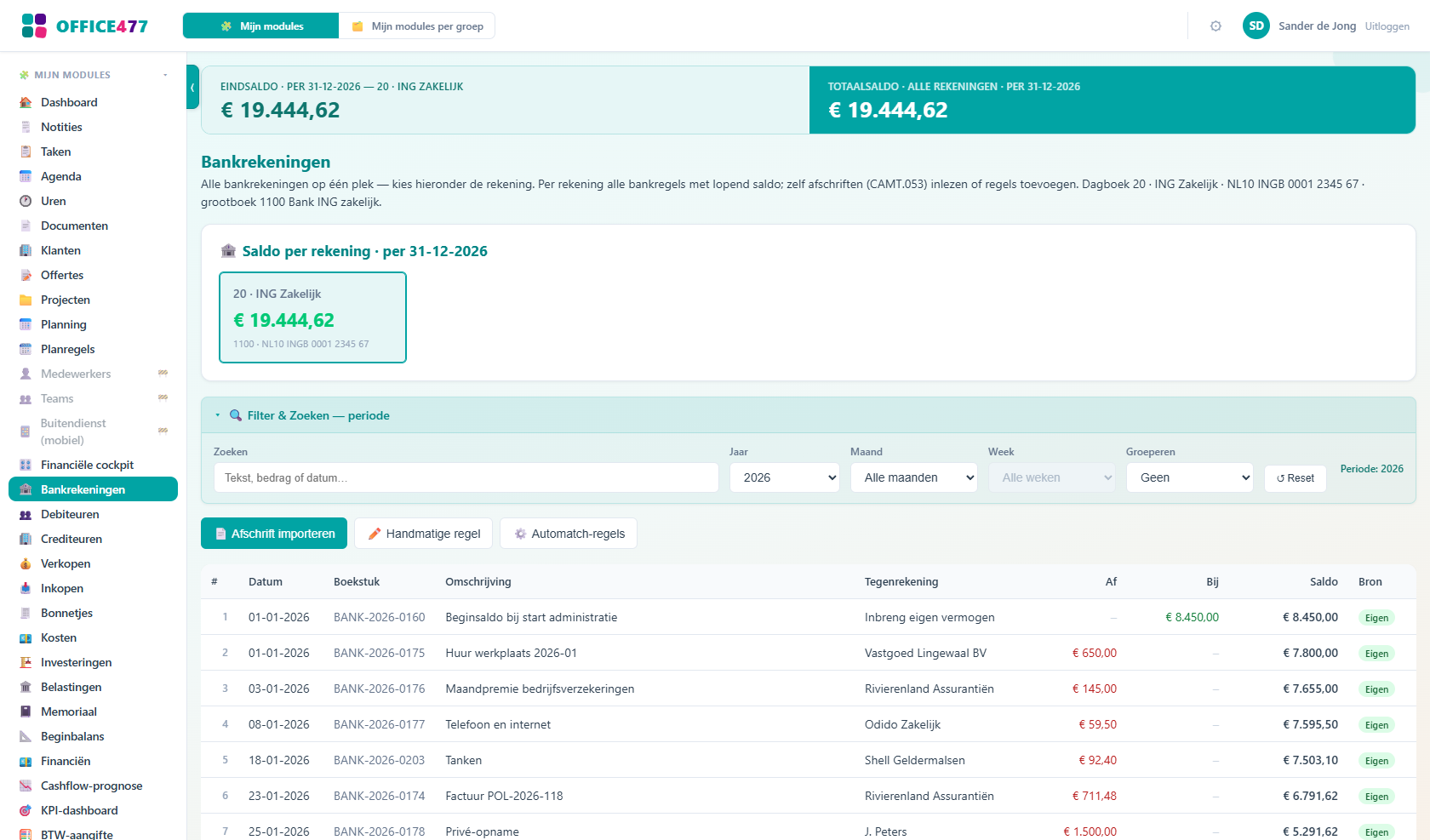 Bankrekeningen in Office477 — Bankafschriften inlezen (CAMT.053 of CSV) en per regel wegboeken — met lopend saldo en automatch-regels.